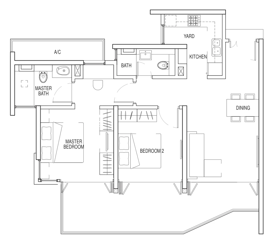 Floor plan of Kallang Riverside type 2B-2, 2-Bedroom, 1,012 sq ft