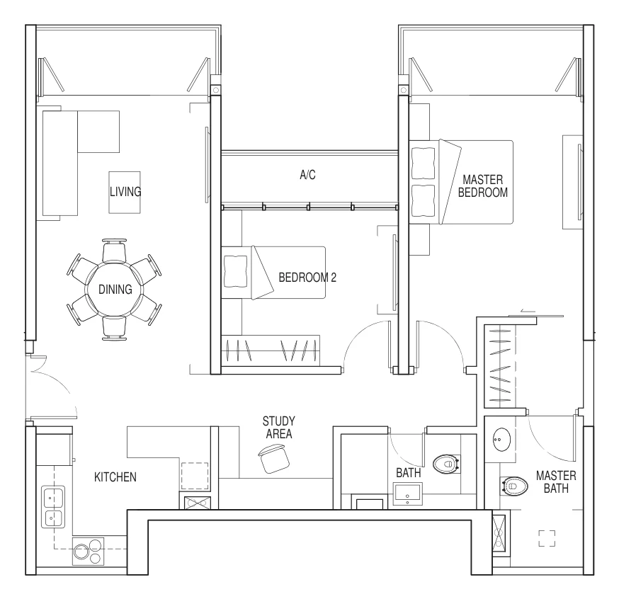 Floor plan of Kallang Riverside type 2C, 2-Bedroom + Study, 1,033 sq ft
