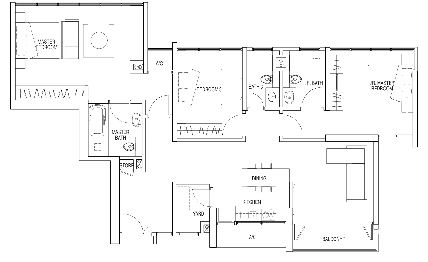 Floor plan of Kallang Riverside type 3A, 3-Bedroom Dual Key, 1,432 sq ft