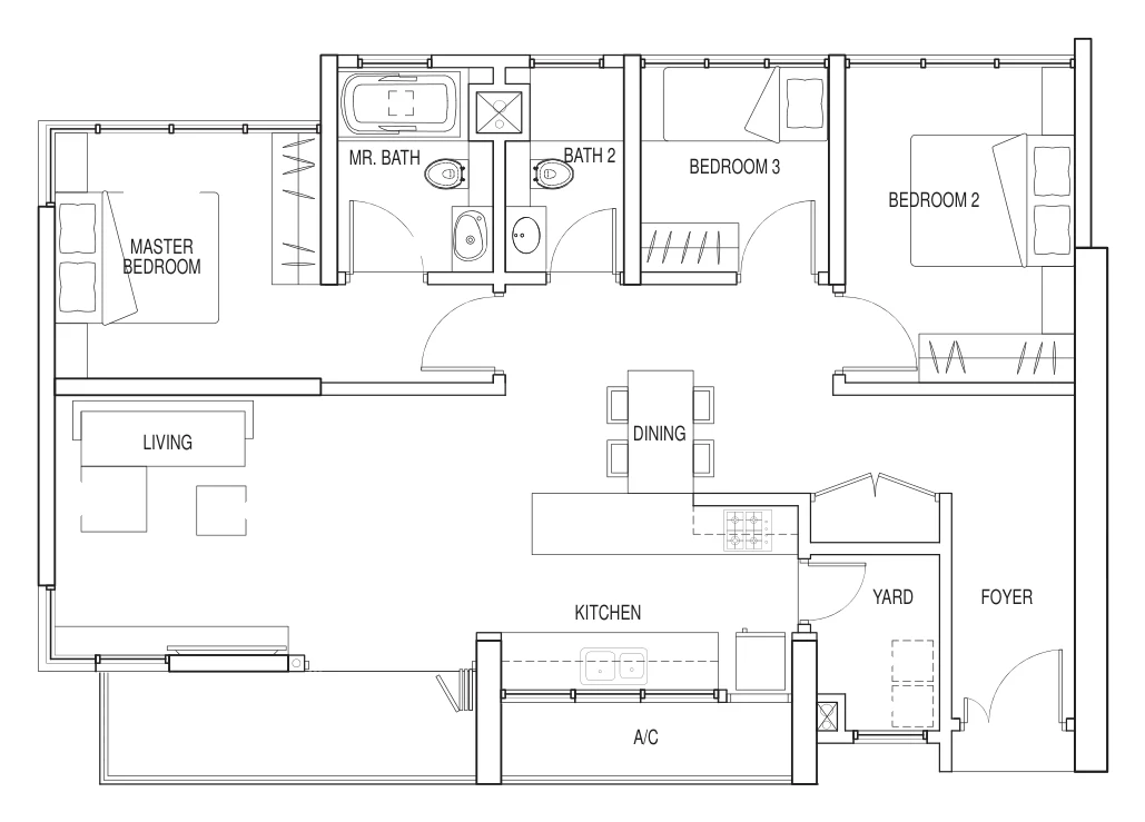 Floor plan of Kallang Riverside type 3C, 3-Bedroom, 1,141 sq ft