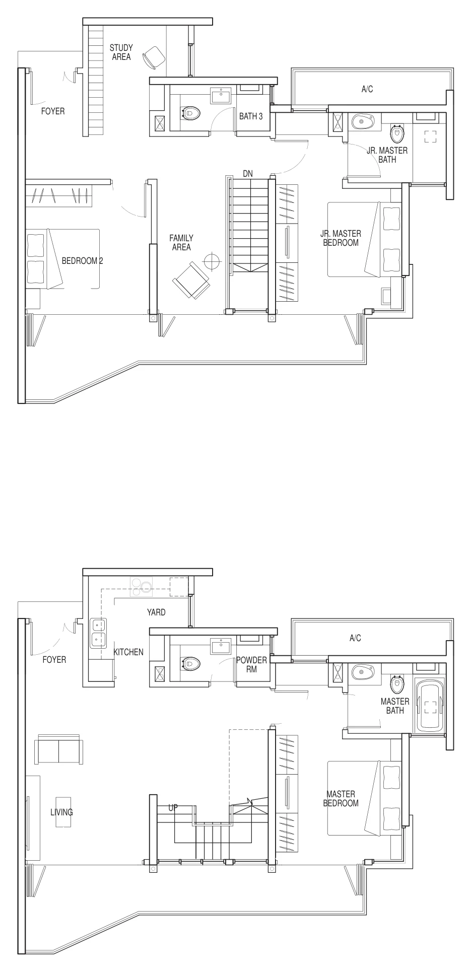 Floor plan of Kallang Riverside type 4A-1, 3-Bedroom + Study + Family (Maisonette), 1,916 sq ft