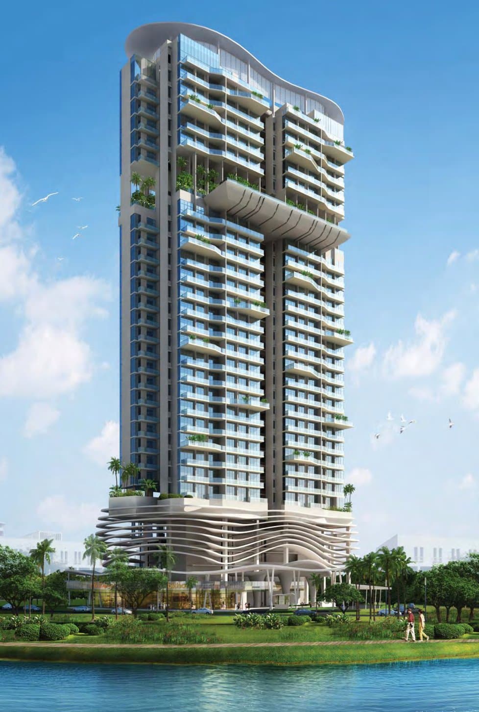 Kallang Riverside: the 30-storey tower with its sky terrace, seen across the water of Kallang Basin