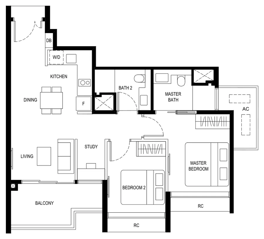 Floor plan of Kassia type (2+1)a, 2 Bedroom (with study), 753 sq ft