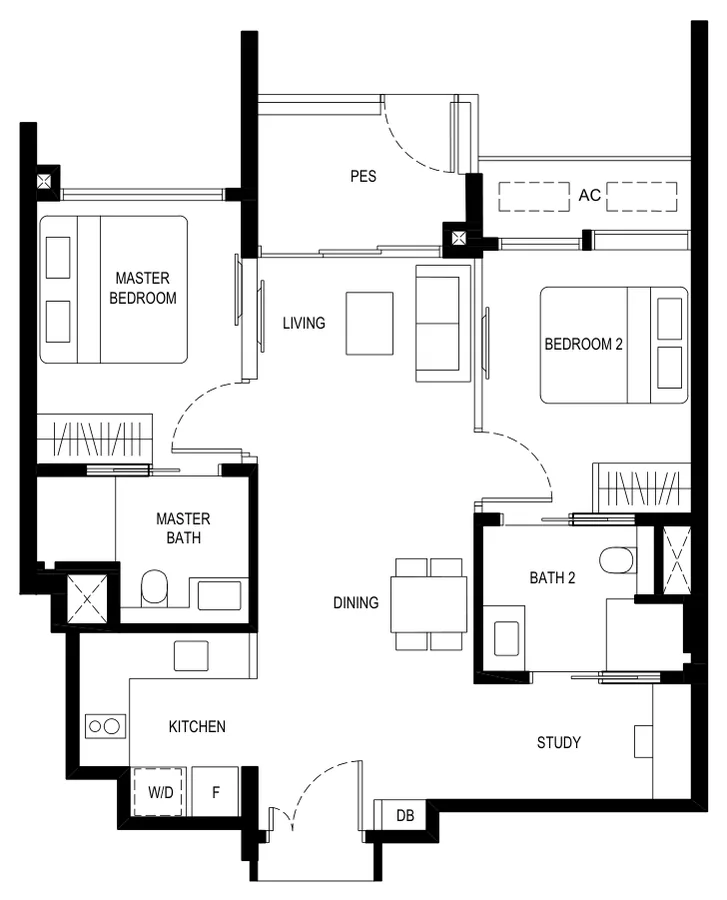 Floor plan of Kassia type (2+1)b1, 2 Bedroom (with study), 775 sq ft