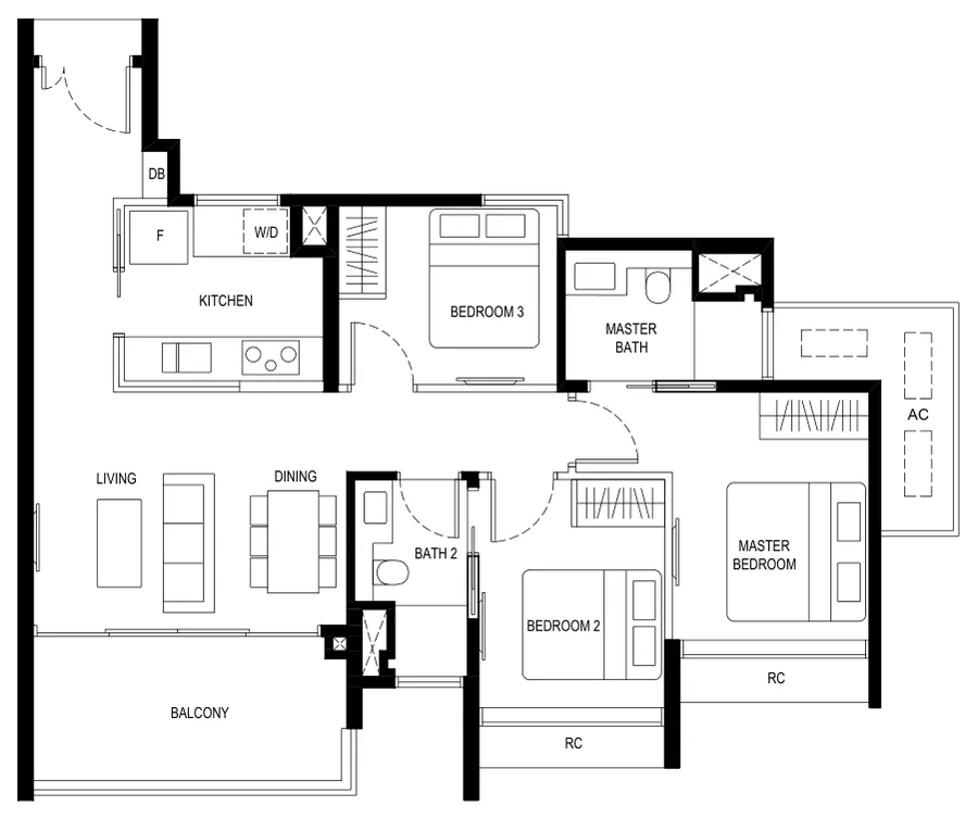 Floor plan of Kassia type (3)a, 3 Bedroom, 925 sq ft