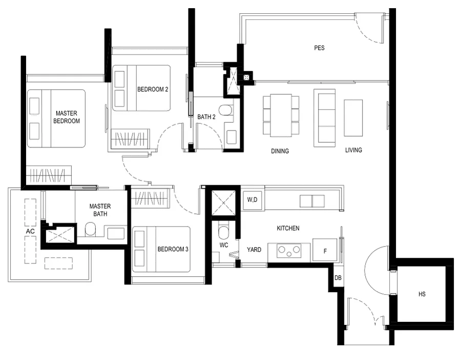 Floor plan of Kassia type (3Y)a1, 3 Bedroom (with yard), 1,054 sq ft