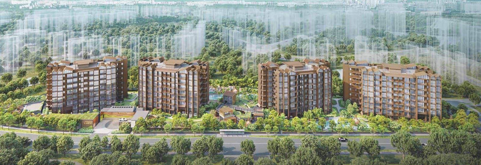 Artist's impression of Kassia from across Flora Drive: four 8-storey blocks with pitched roofs in a row, the clubhouse and pools between them, trees along the road