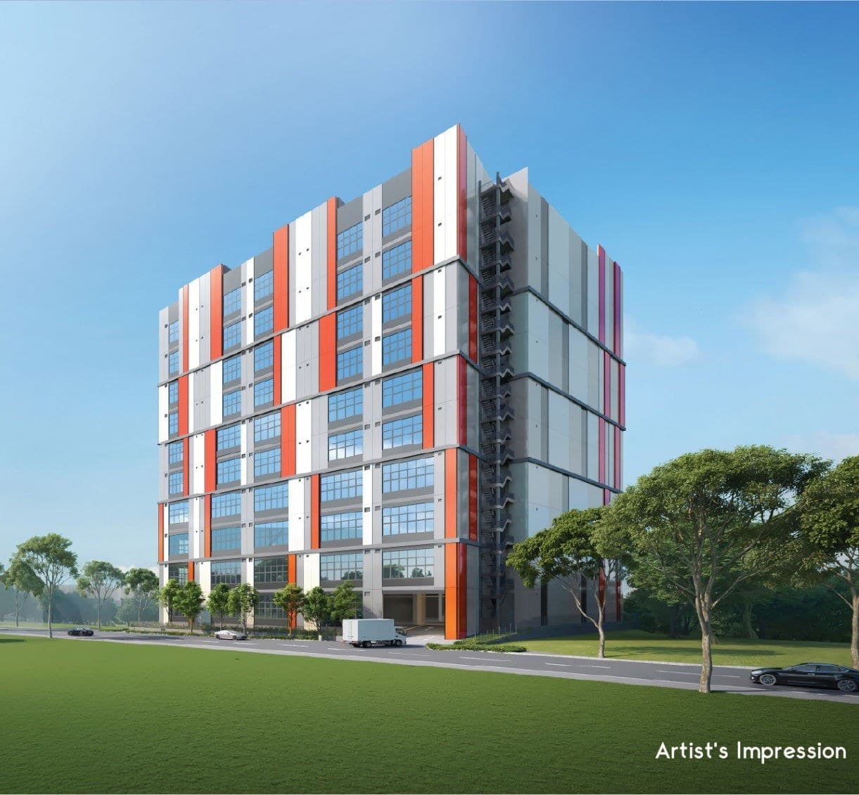 Artist's impression of Keystone @ Mandai, a ten-storey industrial building with grey and orange panels on Mandai Estate