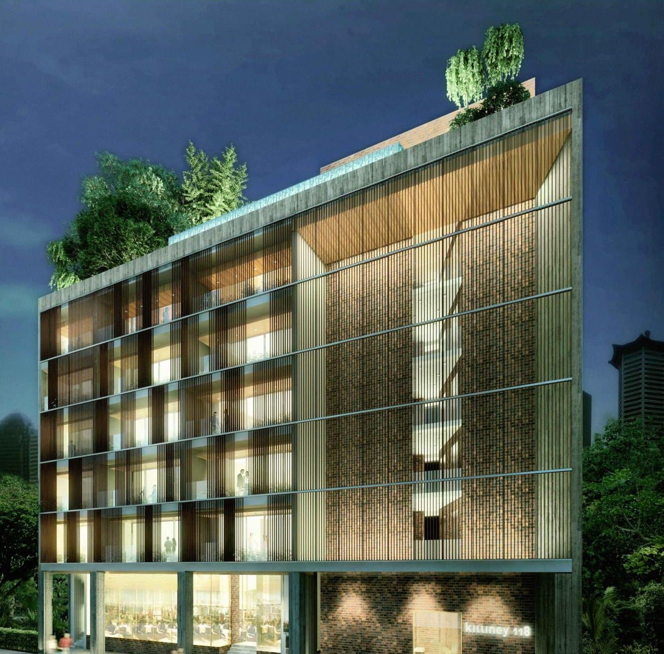 Killiney 118: the 6-storey block with its screened facade and roof garden on Killiney Road