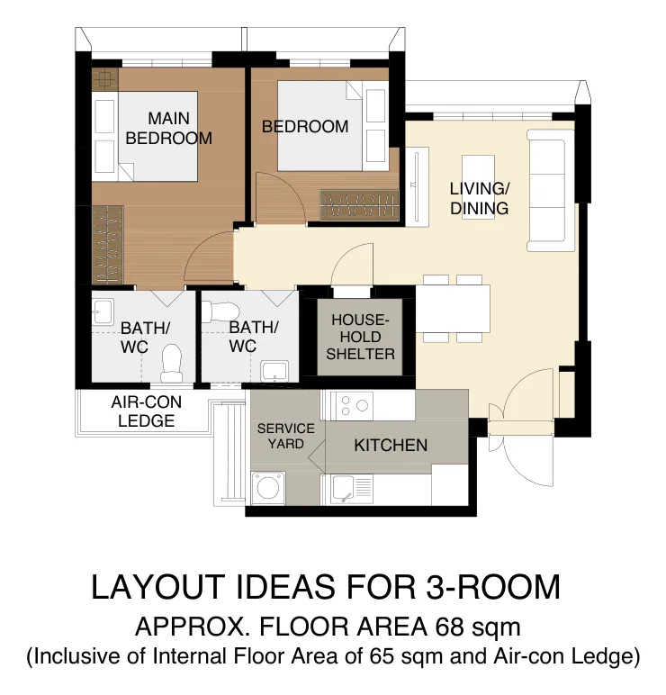 HDB floor plan of a 3-Room flat at Kim Keat Beacon, about 68 sqm