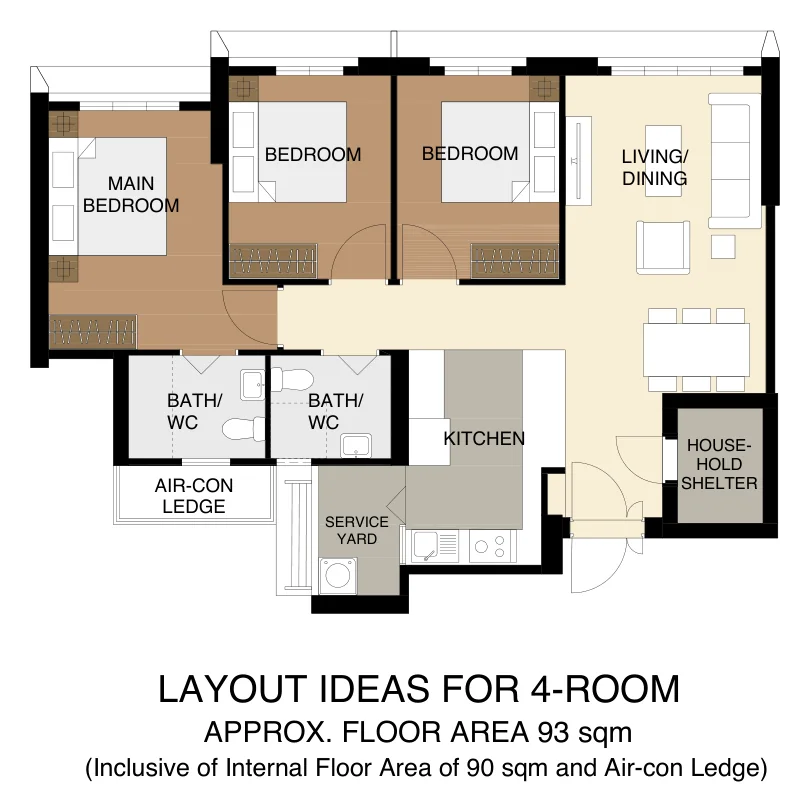 HDB floor plan of a 4-Room flat at Kim Keat Beacon, about 93 sqm