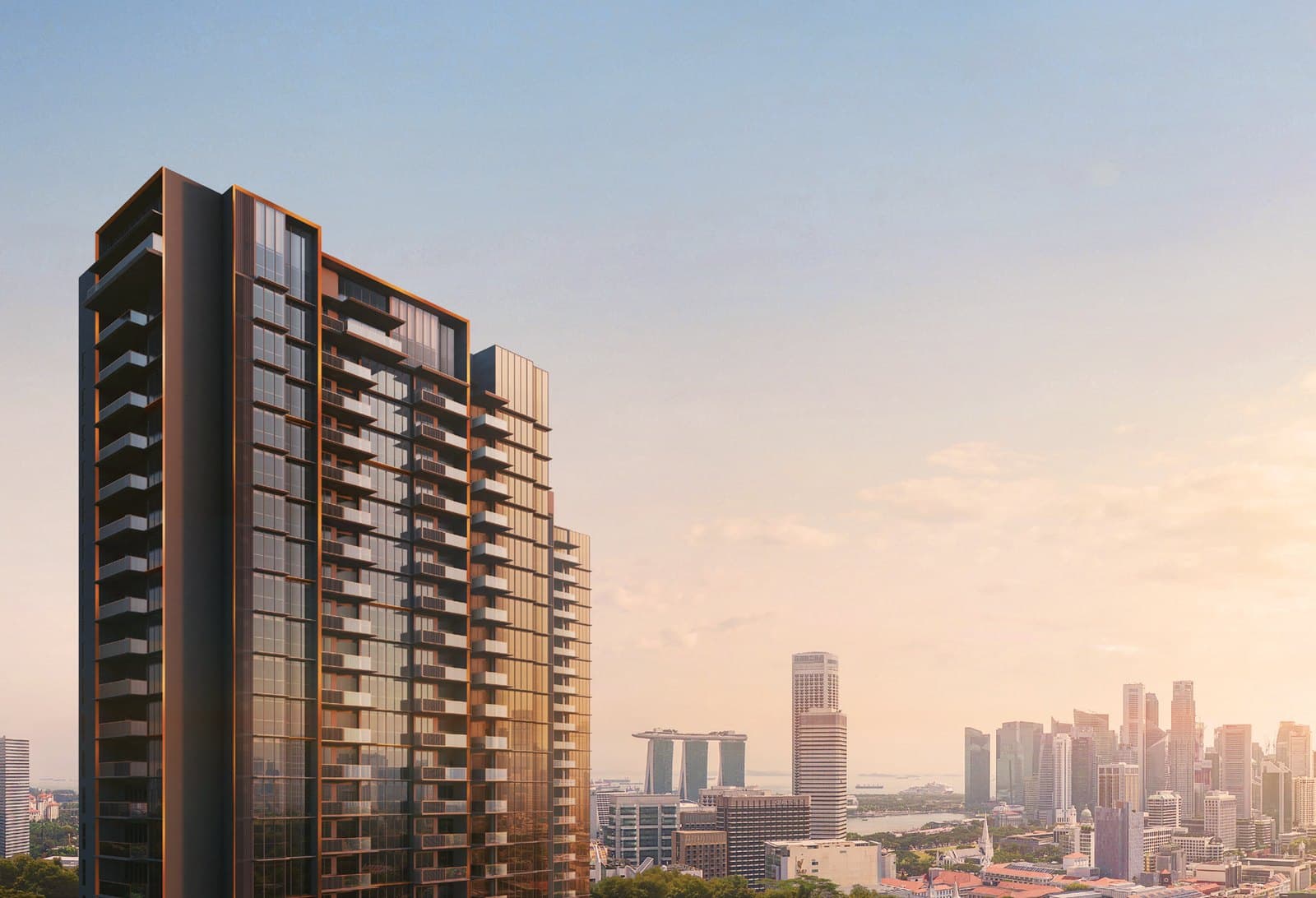 Artist's impression of Kopar At Newton: a 23-storey tower with copper-coloured frames and glass balconies, the city skyline behind it at dusk