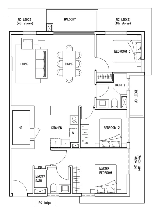 Floor plan of Kovan Jewel type F2, 3-Bedroom (Family), 1,076 sq ft