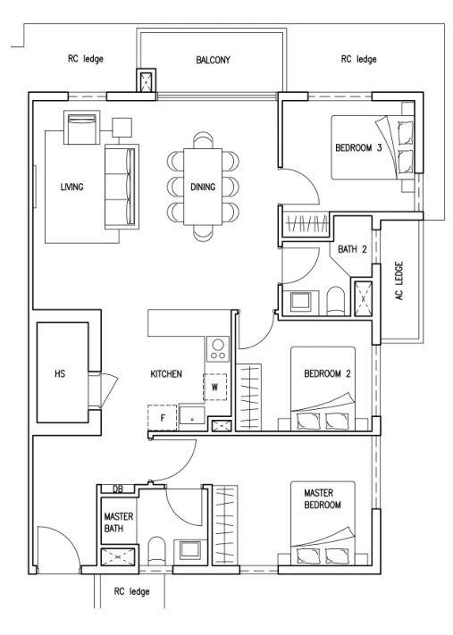 Floor plan of Kovan Jewel type F2A, 3-Bedroom (Family), 1,076 sq ft