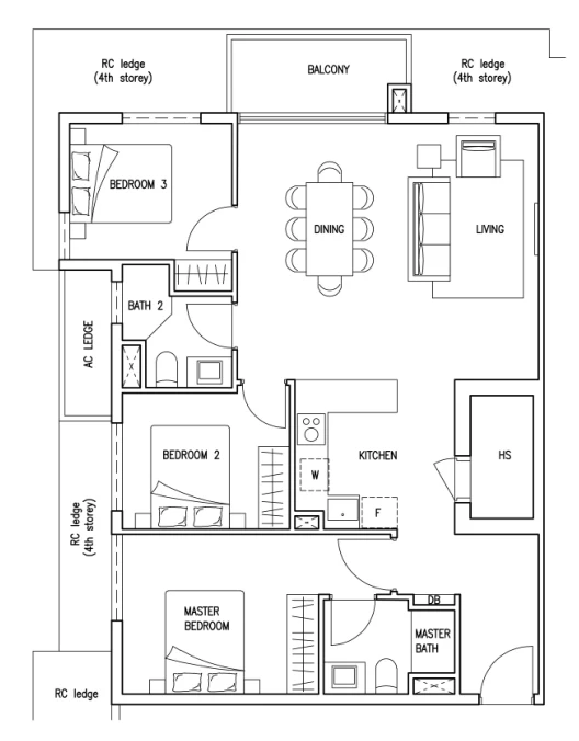 Floor plan of Kovan Jewel type F7, 3-Bedroom (Family), 1,076 sq ft