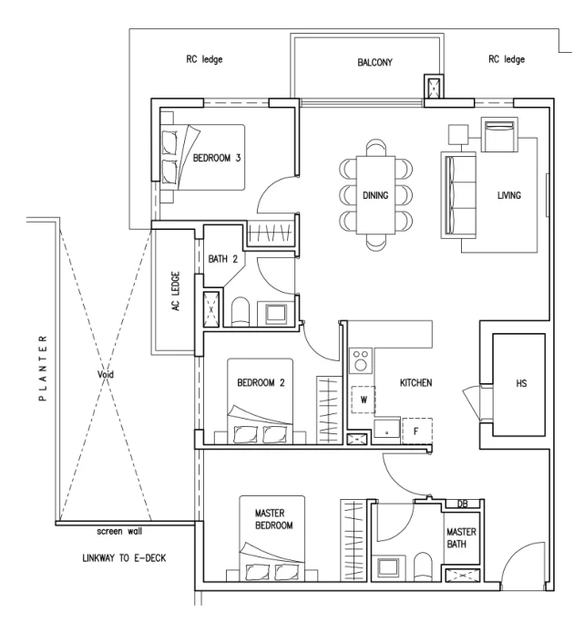 Floor plan of Kovan Jewel type F7A, 3-Bedroom (Family), 1,076 sq ft