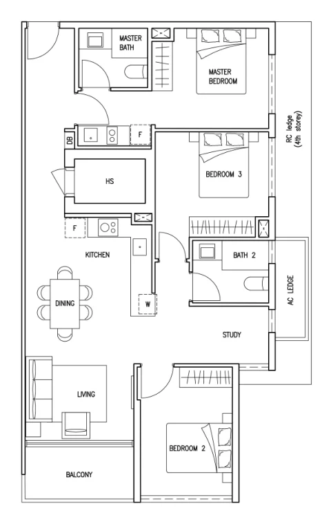 Floor plan of Kovan Jewel type FP3, 3-Bedroom + Study (Family Plus), 1,141 sq ft