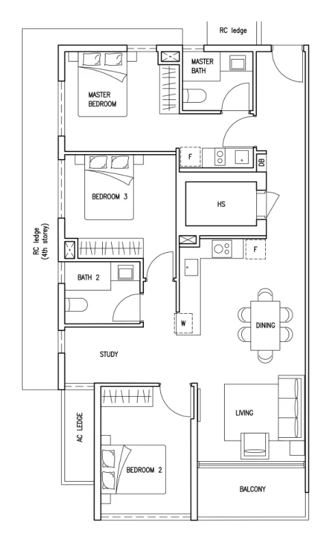 Floor plan of Kovan Jewel type FP6, 3-Bedroom + Study (Family Plus), 1,141 sq ft