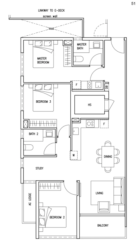 Floor plan of Kovan Jewel type FP6A, 3-Bedroom + Study (Family Plus), 1,141 sq ft