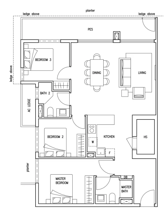 Floor plan of Kovan Jewel type FPR7, 3-Bedroom, ground floor (Family Premium), 1,173 sq ft