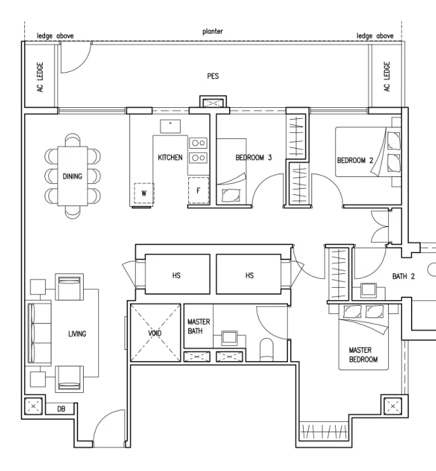 Floor plan of Kovan Jewel type FPR8, 3-Bedroom, ground floor (Family Premium), 1,345 sq ft