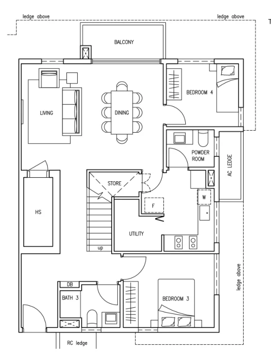 Floor plan of Kovan Jewel type PH2, 4-Bedroom penthouse with attic (Penthouse Deluxe), 2,153 sq ft