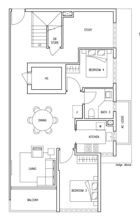 Floor plan of Kovan Jewel type PH3, 4-Bedroom + Study penthouse with attic (Penthouse Plus), 1,991 sq ft