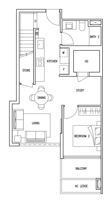 Floor plan of Kovan Jewel type PH4, 2-Bedroom + 2 Study penthouse with attic (Penthouse), 1,238 sq ft