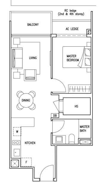 Floor plan of Kovan Jewel type S8, 1-Bedroom (Suite), 624 sq ft