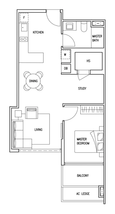Floor plan of Kovan Jewel type SP4, 1-Bedroom + Study (Suite Plus), 721 sq ft