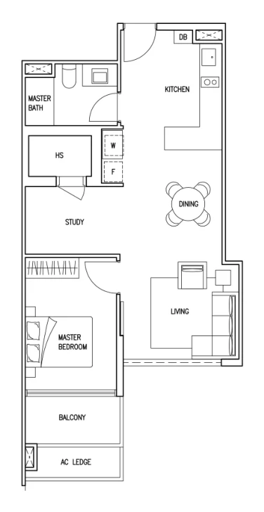 Floor plan of Kovan Jewel type SP5, 1-Bedroom + Study (Suite Plus), 721 sq ft