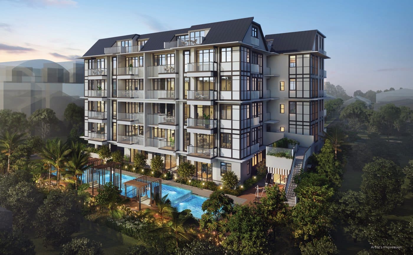 Artist's impression of Kovan Jewel: the 5-storey block with its black and white pitched-roof attic, the pool and garden in front