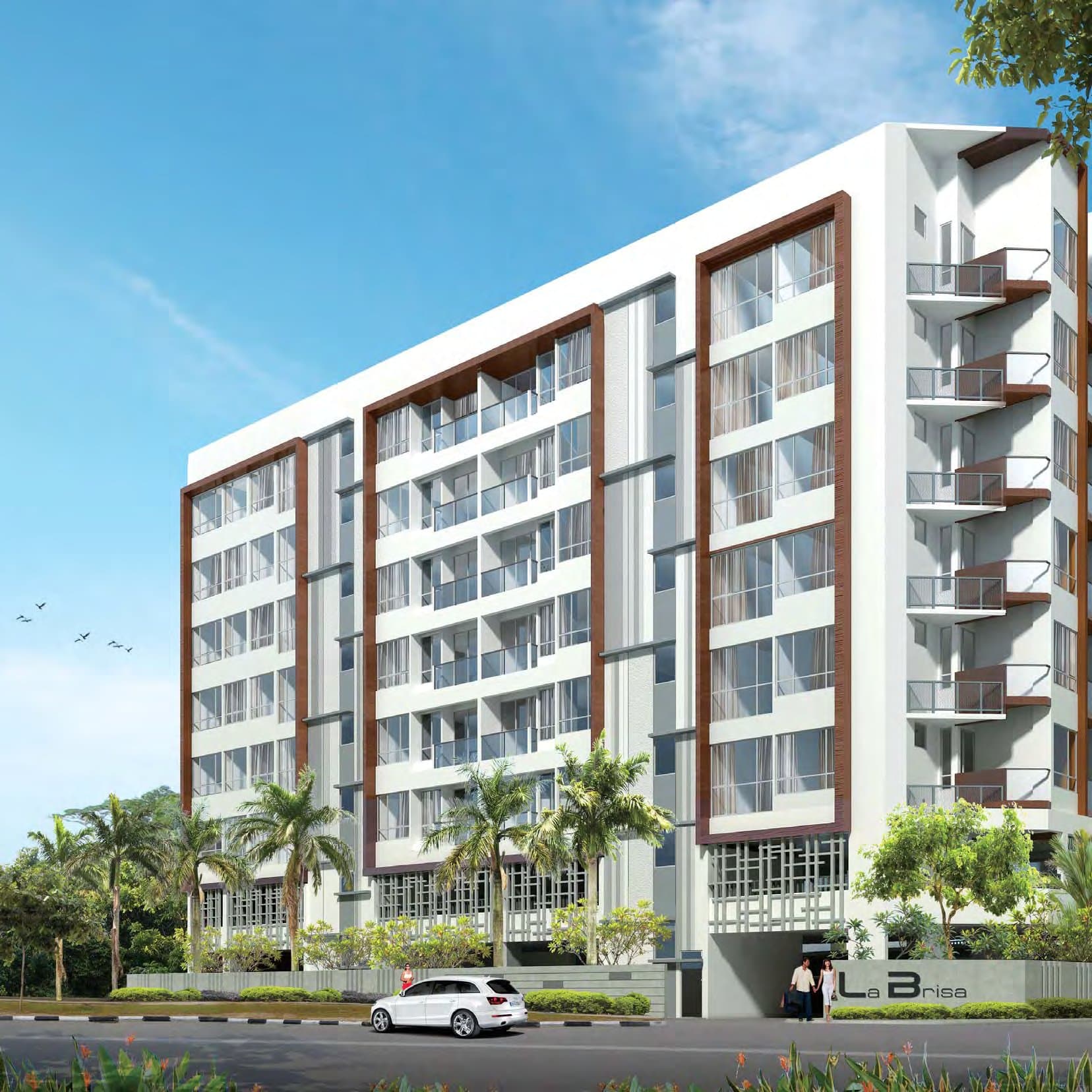 La Brisa: the 8-storey block with its balconies and façade shades off Lorong 28 Geylang