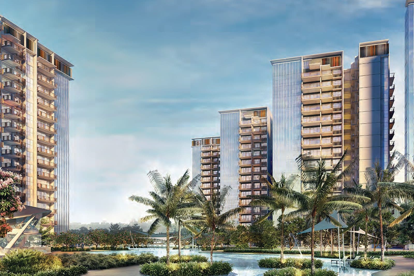 Artist's impression of Lakeville: the 16-storey blocks above the pools and palms