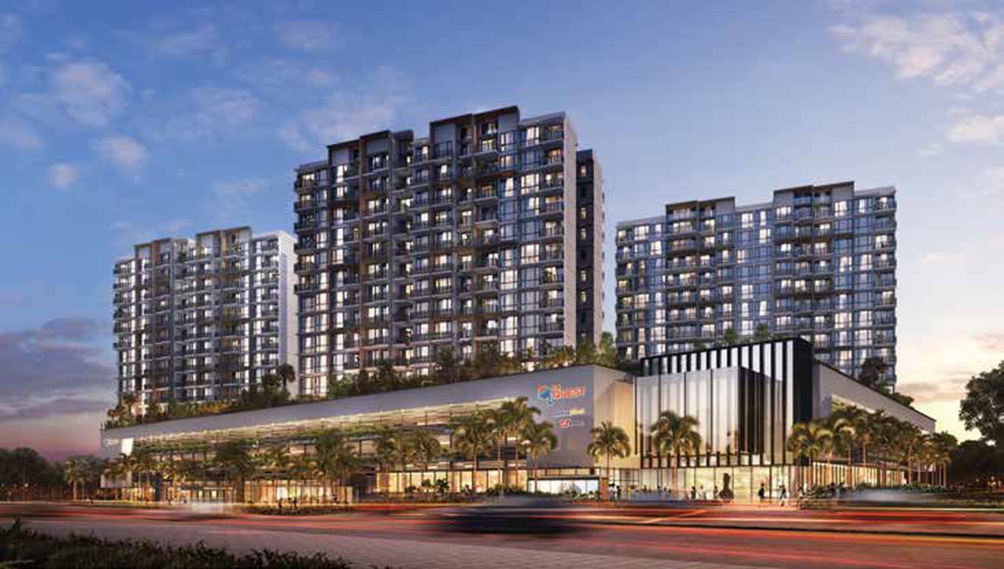 Artist's impression of Le Quest at dusk from the road: three of its 16-storey blocks rising from a landscaped deck over the glass-fronted Le Quest Mall, palms along the pavement