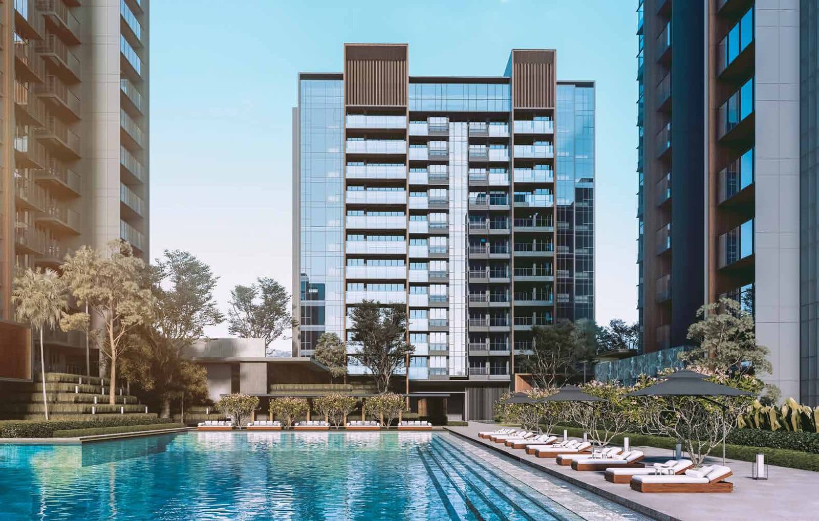Artist's impression of Leedon Green: 12-storey glass-fronted blocks with timber-screened roof crowns standing round the Grand Pool and its sun deck
