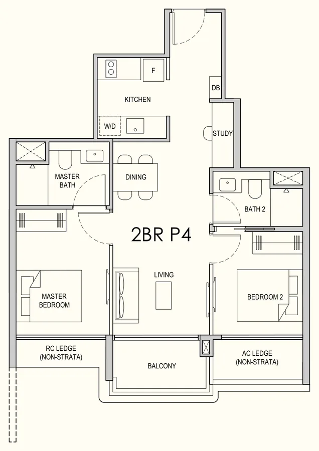 Floor plan of Lentor Gardens Residences type 2BR P4, 2-Bedroom Premium, 678 sq ft
