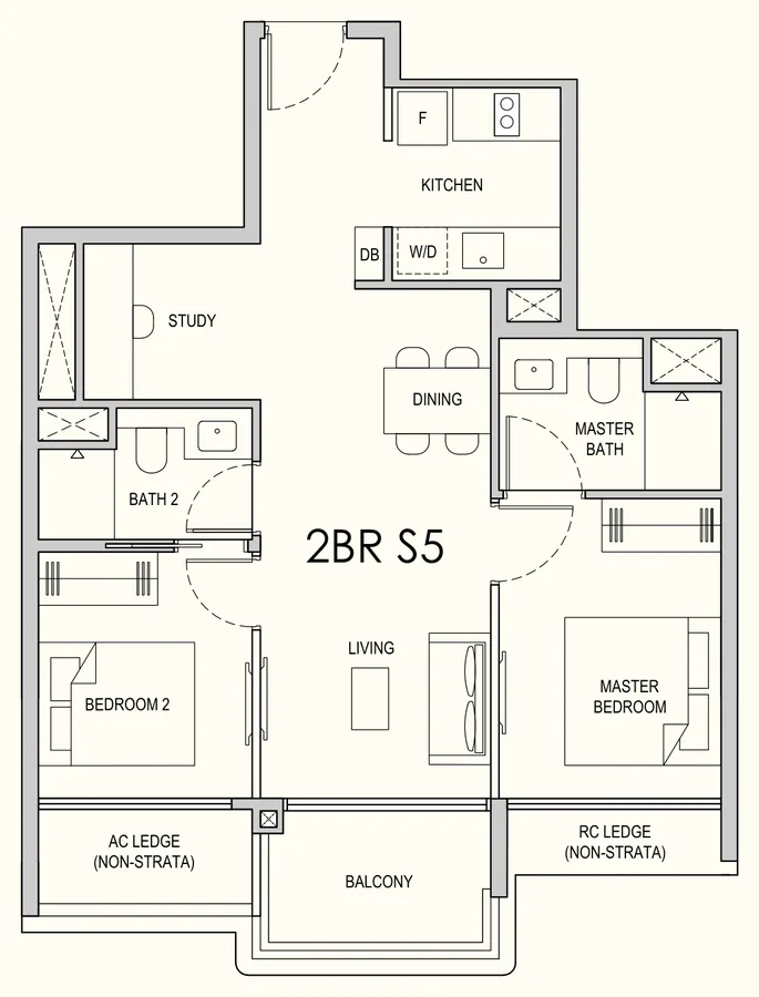 Floor plan of Lentor Gardens Residences type 2BR S5, 2-Bedroom + Study, 732 sq ft