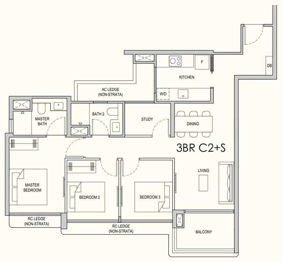 Floor plan of Lentor Gardens Residences type 3BR C2+S, 3-Bedroom Compact / + Study, 936 sq ft