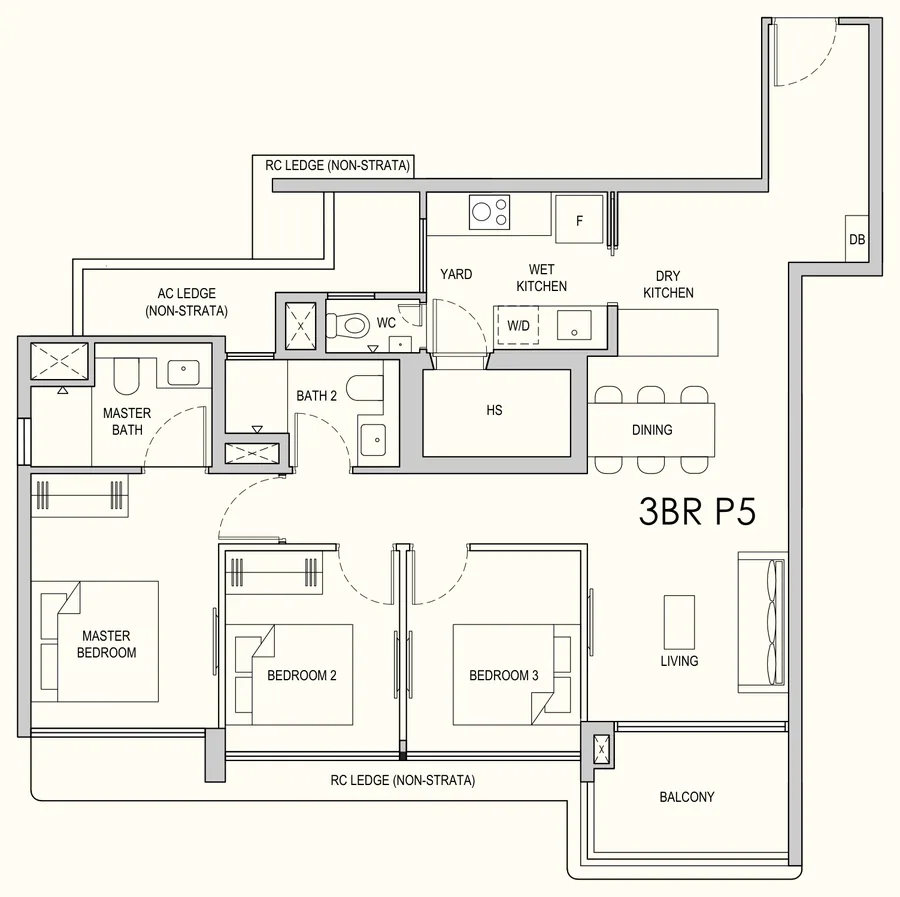 Floor plan of Lentor Gardens Residences type 3BR P5, 3-Bedroom Premium, 1,012 sq ft