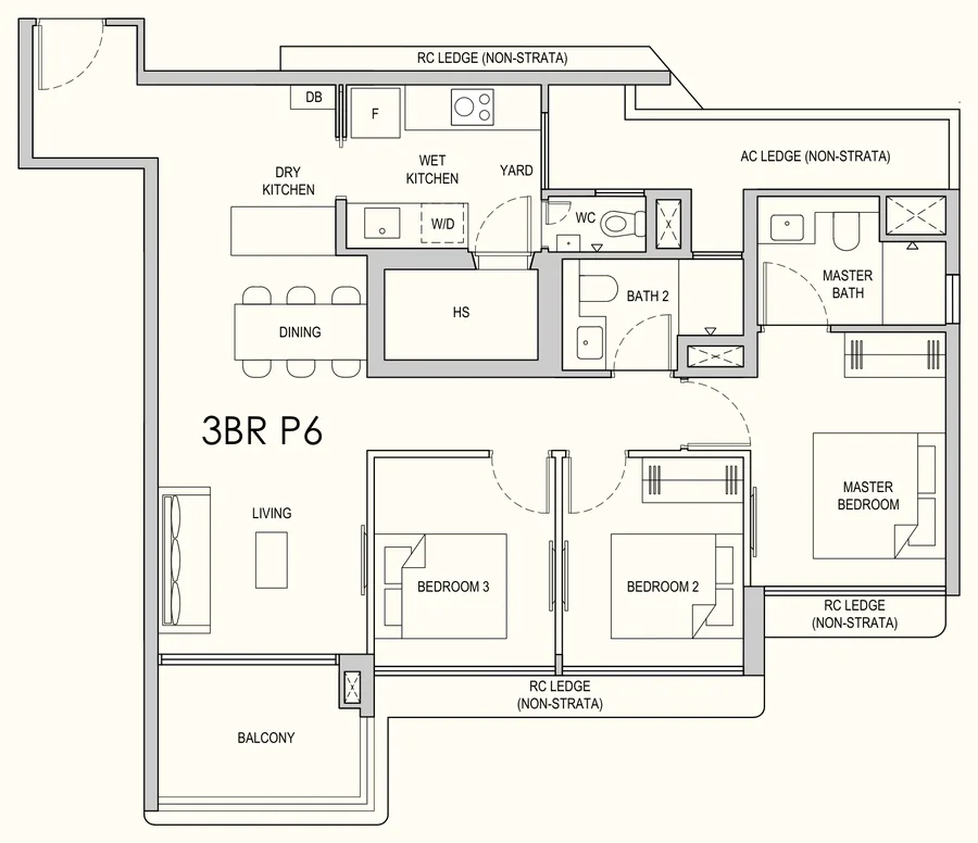 Floor plan of Lentor Gardens Residences type 3BR P6, 3-Bedroom Premium, 1,001 sq ft