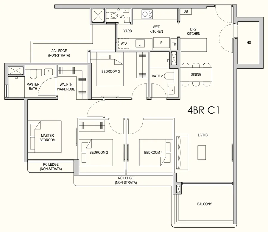 Floor plan of Lentor Gardens Residences type 4BR C1, 4-Bedroom Compact, 1,184 sq ft