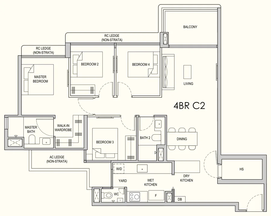 Floor plan of Lentor Gardens Residences type 4BR C2, 4-Bedroom Compact, 1,184 sq ft
