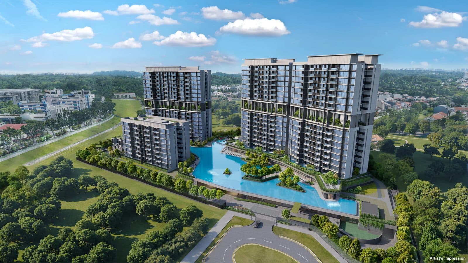 Artist's impression of Lentor Gardens Residences from the air, with its towers around the lagoon pool and the Lentor Gardens entrance in front