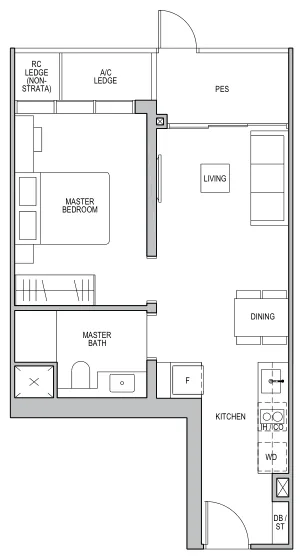 Floor plan of Lentor Modern type A1S-G, 1-Bedroom, 527 sq ft
