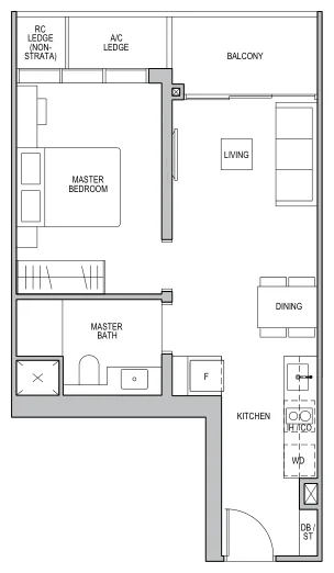 Floor plan of Lentor Modern type A1S, 1-Bedroom, 527 sq ft