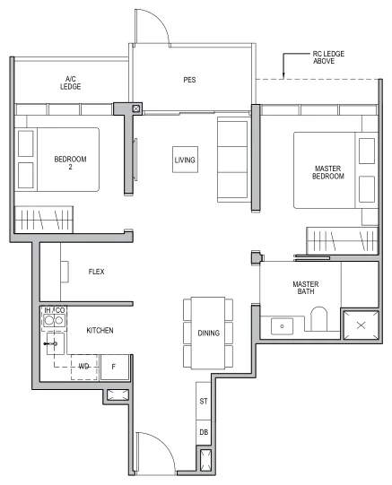Floor plan of Lentor Modern type B1-G, 2-Bedroom + Flex, 678 sq ft