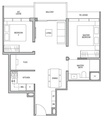 Floor plan of Lentor Modern type B1 / B1-R, 2-Bedroom + Flex, 678 sq ft
