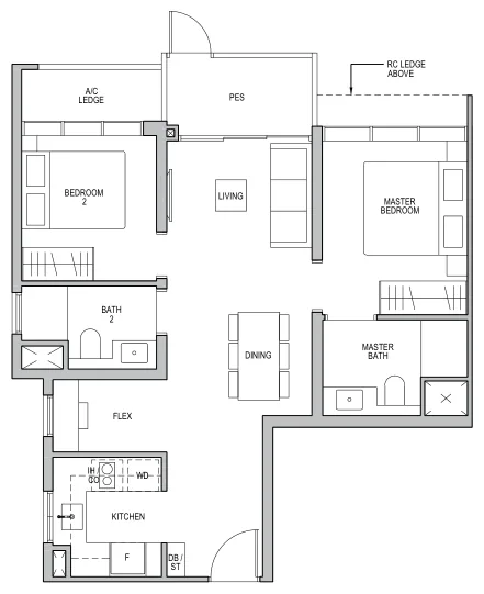 Floor plan of Lentor Modern type B2-G, 2-Bedroom + Flex, 732 sq ft