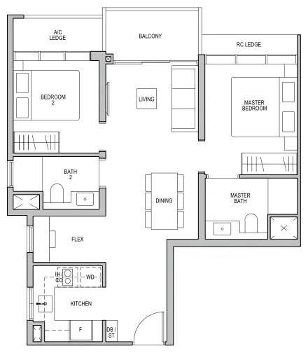 Floor plan of Lentor Modern type B2 / B2-R, 2-Bedroom + Flex, 732 sq ft